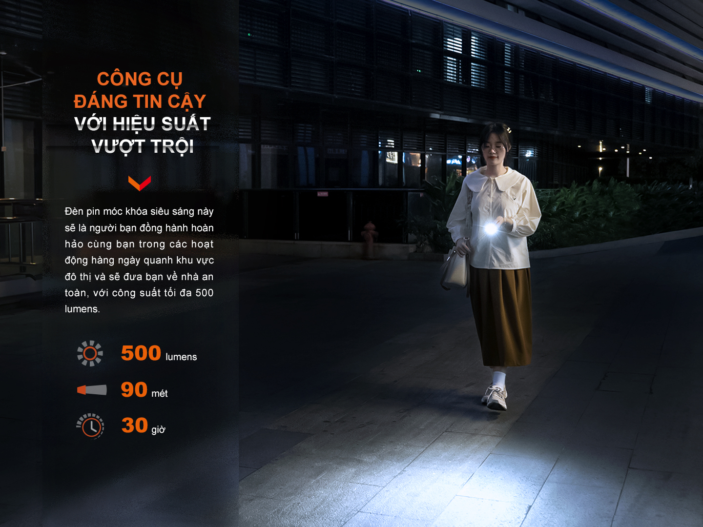 Đèn pin móc khóa siêu sáng lên đến 500 Lumens, chiếu xa 90m, có thể dùng đến 30H