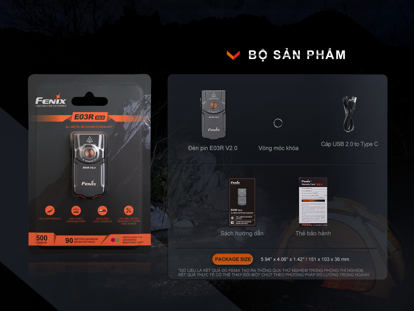 Trọn bộ sản phẩm 5 món của đèn pin móc khóa Fenix E03R V2.0