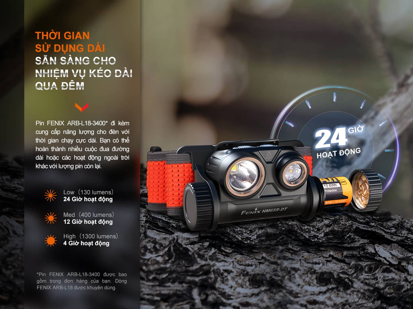 Đèn pin đội đầu Fenix HM65R-DT sử dụng pin 18650 dung lượng lớn cho thời gian chiếu sáng dài.