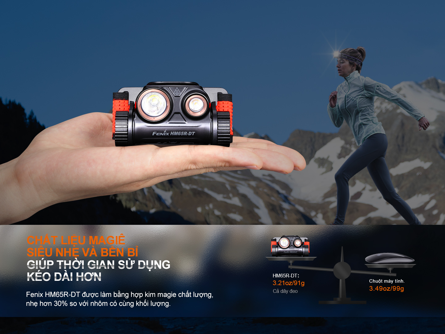 Đèn pin đội đầu Fenix HM65R-DT được làm bằng hợp kim Magiê cho trọng lượng siêu nhẹ.