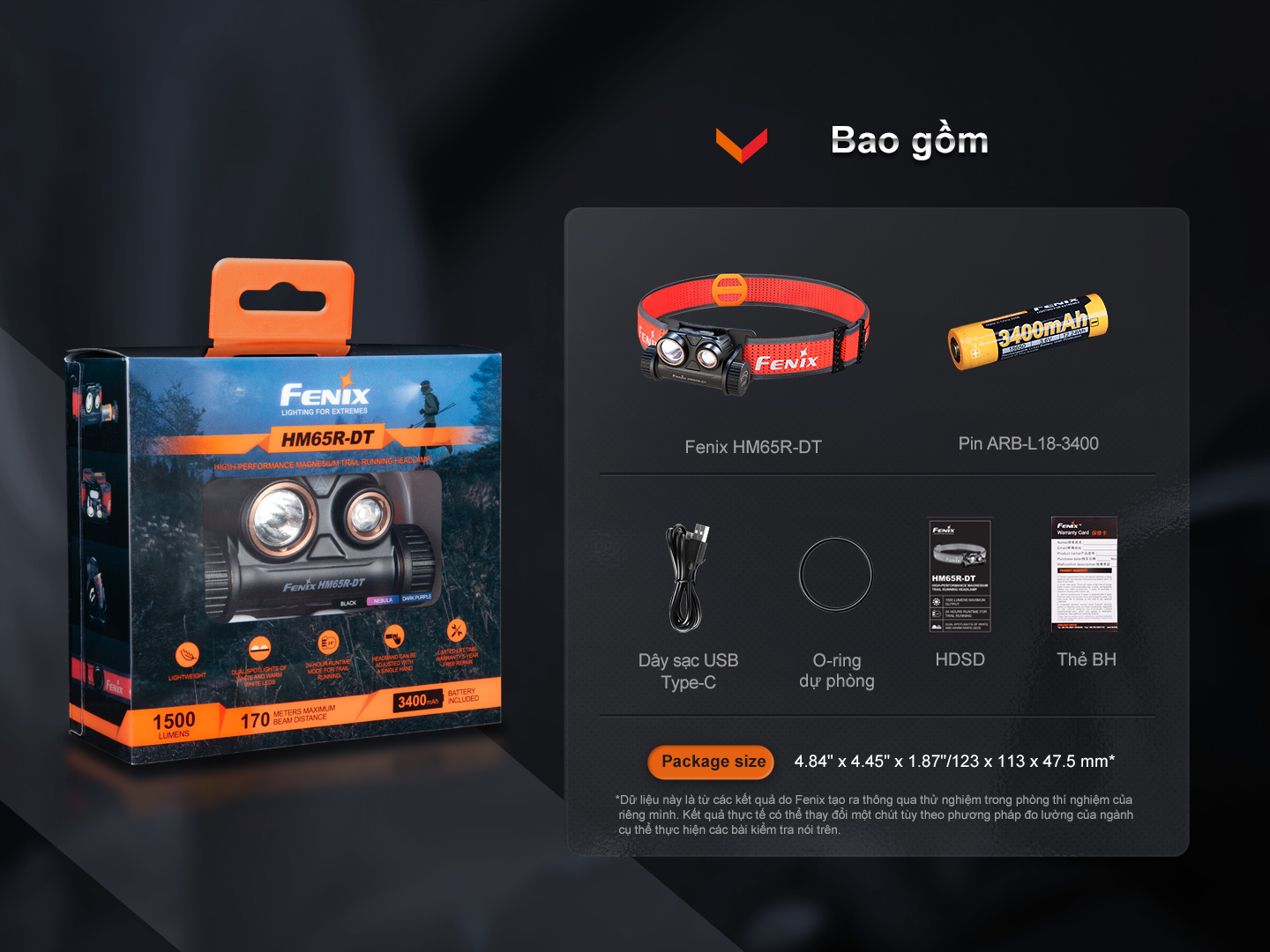 Đèn pin đội đầu Fenix HM65R-DT và các sản phẩm bao gồm.
