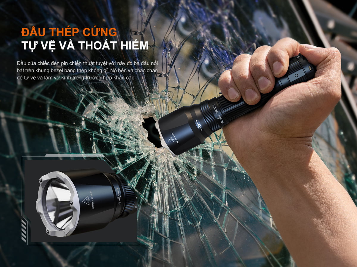 Đèn pin tác chiến Fenix TK22R với đầu đèn 5 góc cạnh có tích hợp 3 đầu phá kính Tungsten siêu cứng.