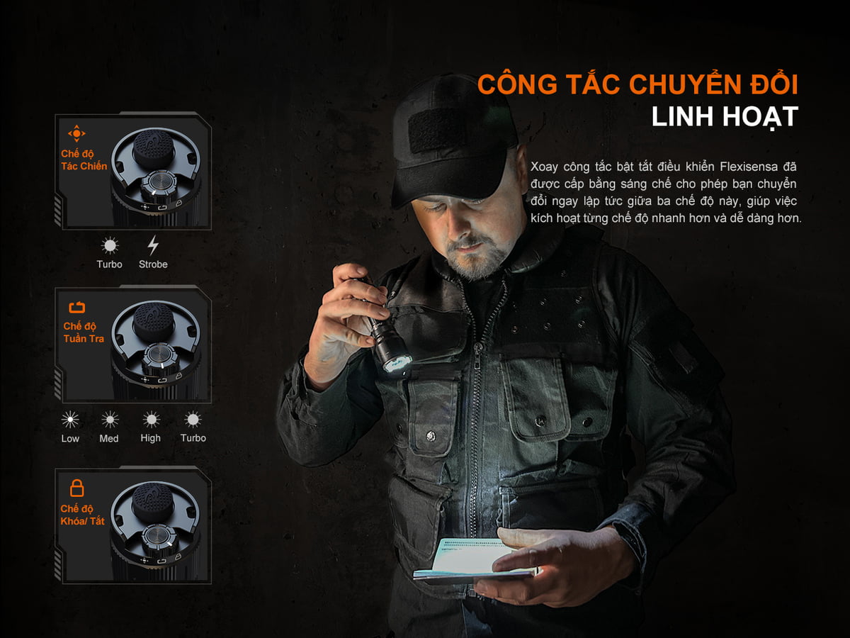 Đèn pin tác chiến Fenix TK22R với cụm công tắc chuyển đổi linh hoạt.