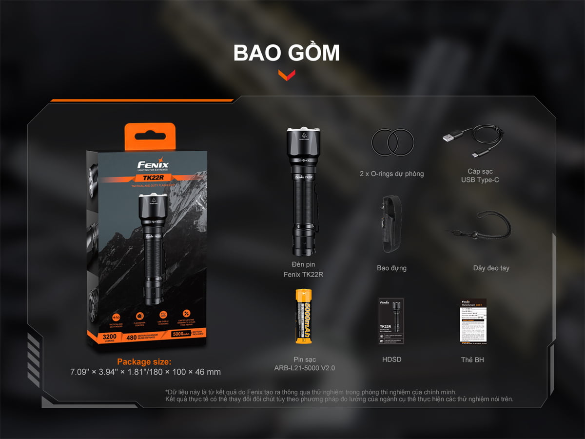  Đèn pin tác chiến Fenix TK22R với bộ sản phẩm bao gồm.