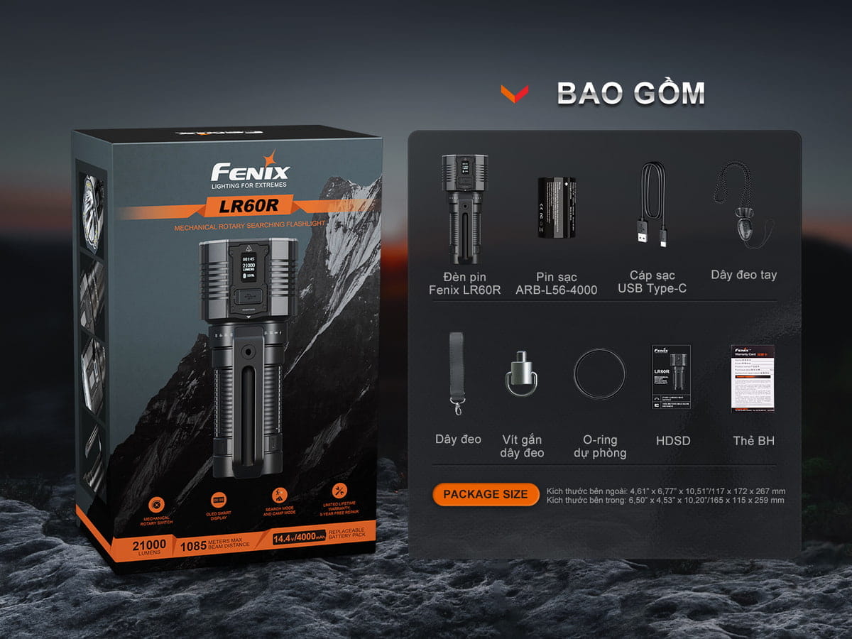Bộ Sản phẩm của đèn pin Fenix LR60R