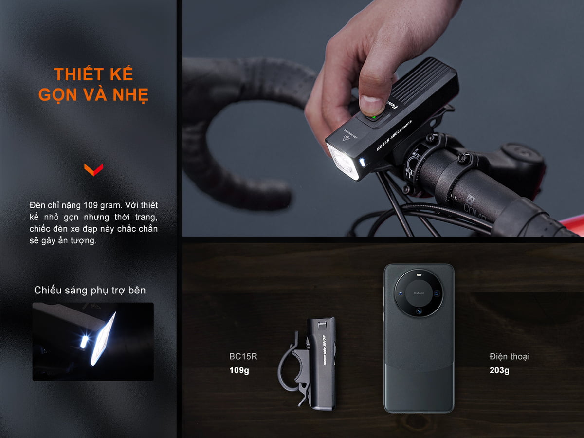 Đèn Pin Xe Đạp Fenix BC15R được làm bằng nhựa PC siêu nhẹ.