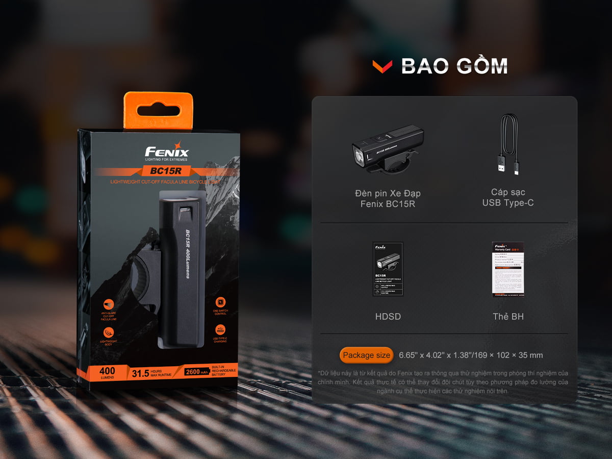 Đèn Pin Xe Đạp Fenix BC15R và các sản phẩm bao gồm.