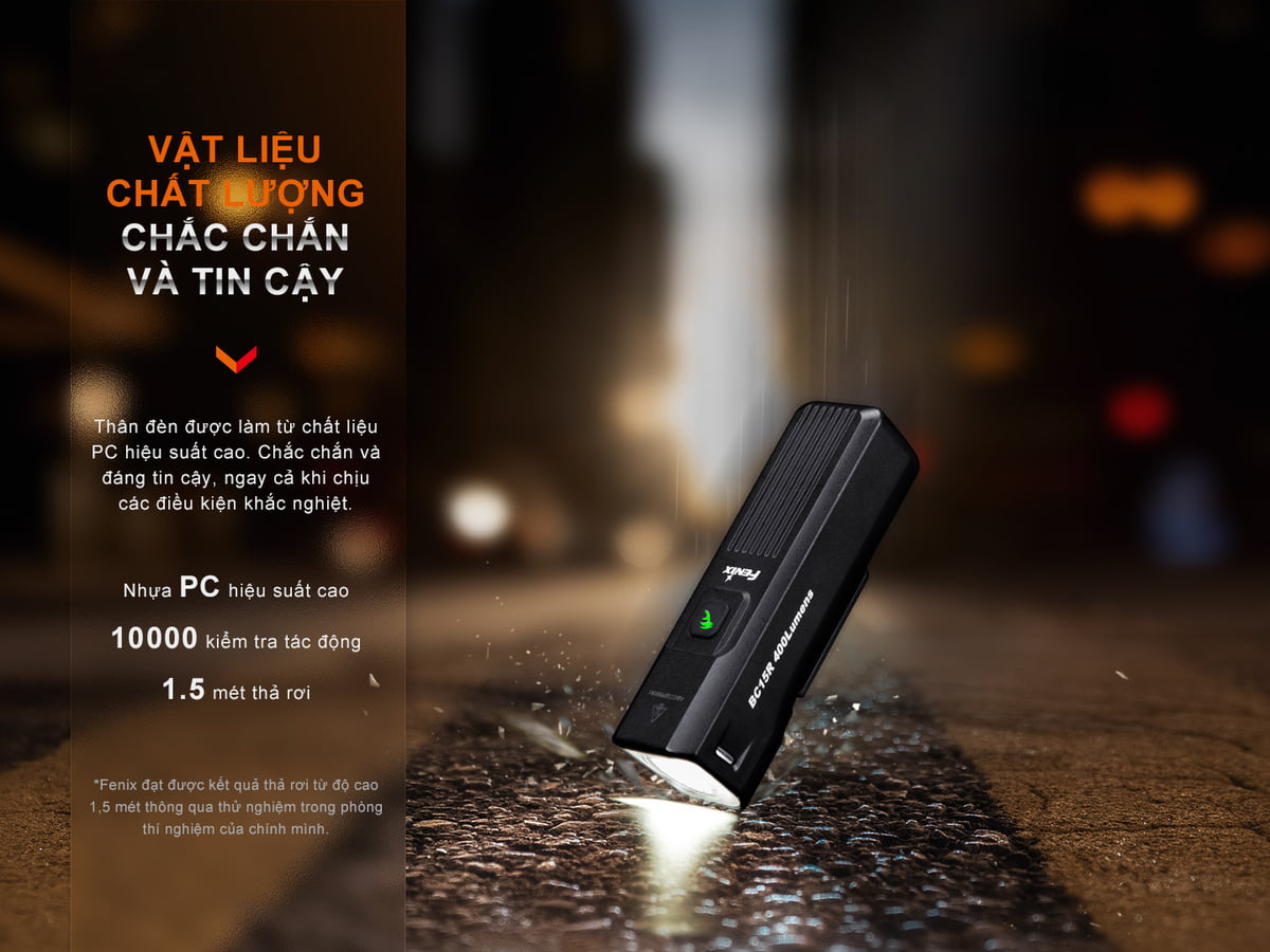 Đèn Pin Xe Đạp Fenix BC15R được làm bằng nhựa PC bển bỉ đáng tin cậy.