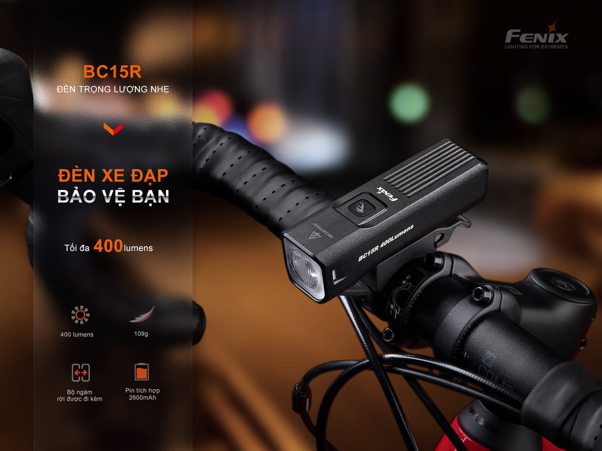 Đèn Pin Xe Đạp Fenix BC15R với độ sáng 400 lumens.