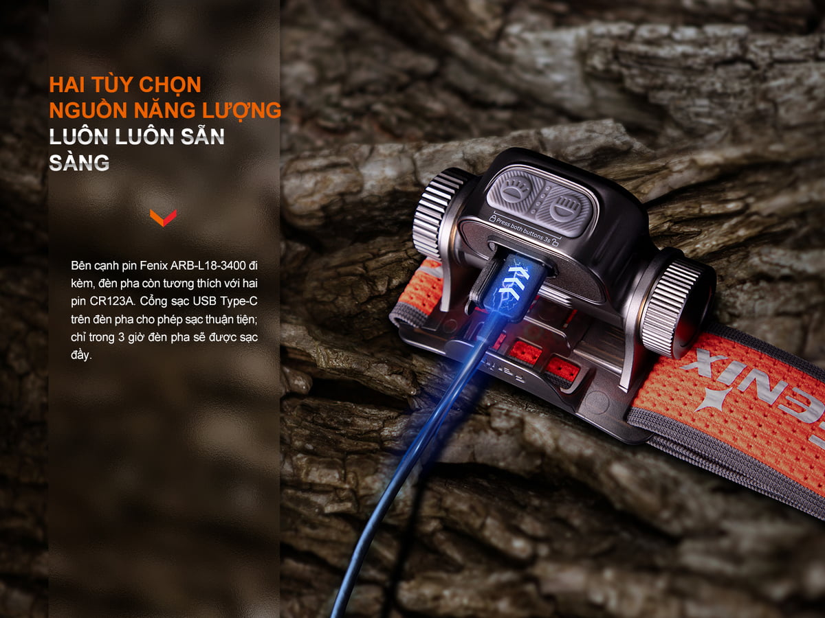 Đèn pin Fenix HM65R-T V2.0 hai nguồn năng lượng luôn luôn sẵn sàng.
