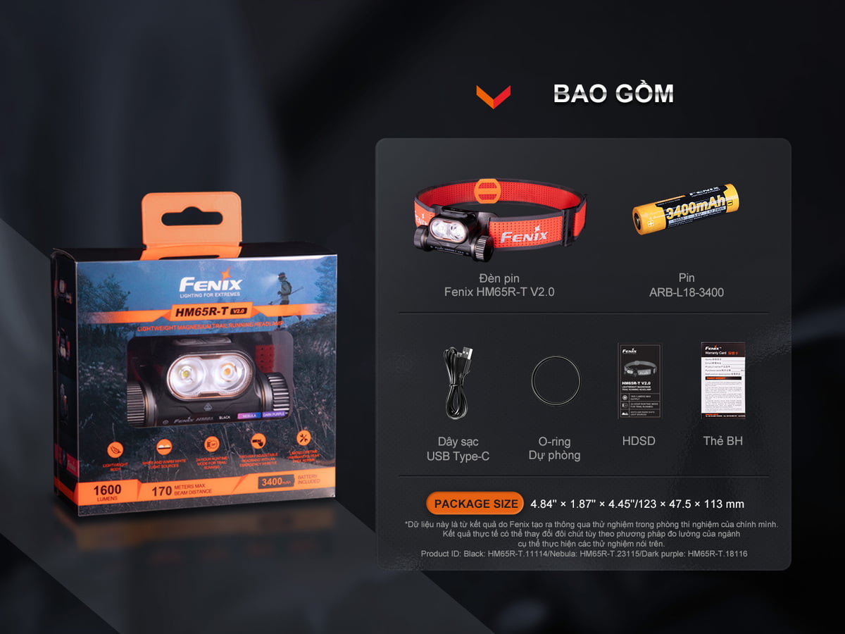 Đèn pin Fenix HM65R-T V2.0 và bộ sản phẩm bao gồm.