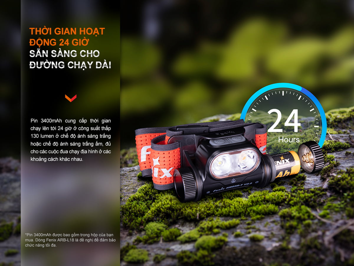 Đèn pin Fenix HM65R-T V2.0 với thời gian hoạt động kéo dài 24 giờ phù hợp hầu kết các cung đường chạy dài.